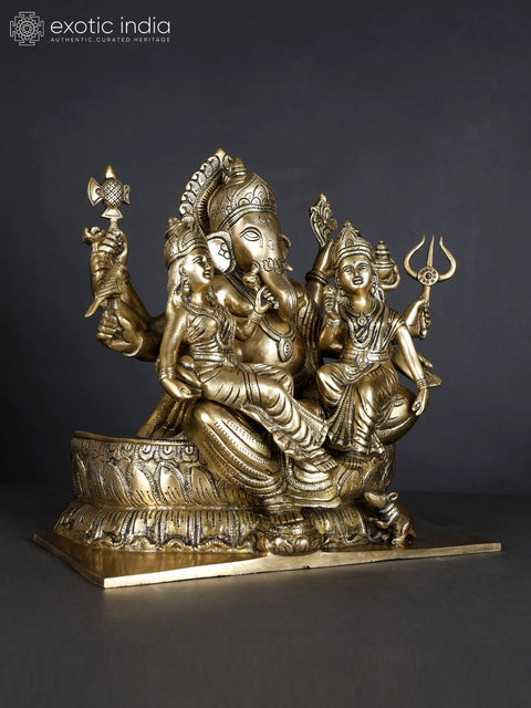 13" Detailed Ganesha Brass Statue with Riddhi Siddhi Seated on Lotus Flower