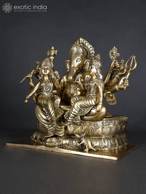 13" Detailed Ganesha Brass Statue with Riddhi Siddhi Seated on Lotus Flower