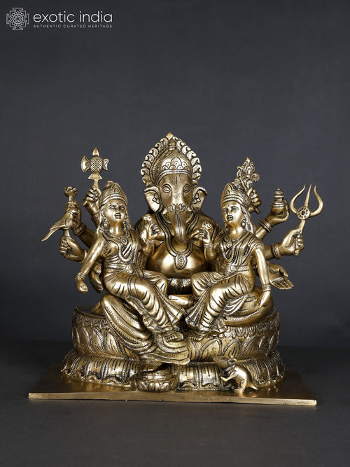 13" Ganesha with Riddhi Siddhi Handmade Brass Statue on Lotus