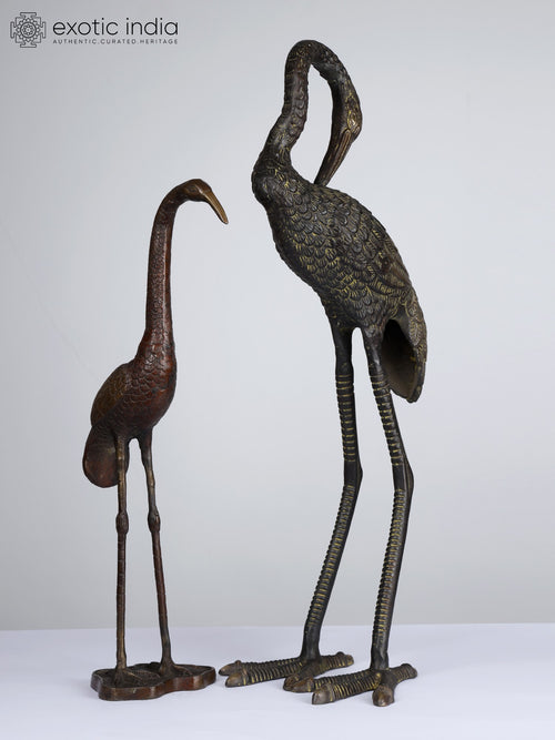 26" Baby and Mother Crane Brass Statue Pair for Home Decor