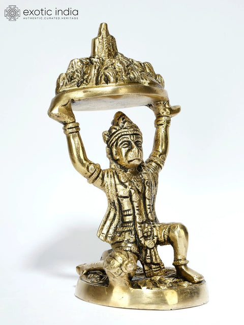 6" Lord Hanuman Holding Mountain of Sanjeevani Herbs | Brass Statue