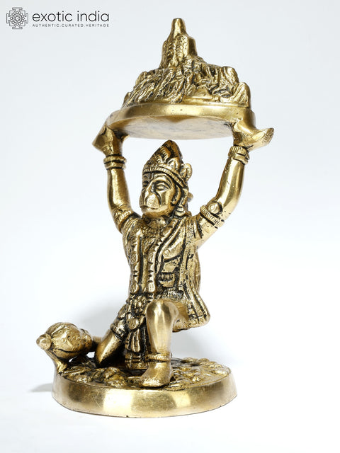 6" Lord Hanuman Holding Mountain of Sanjeevani Herbs | Brass Statue