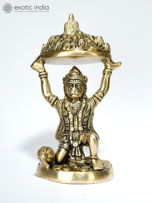 6" Lord Hanuman Holding Sanjeevani Mountain Brass Statue