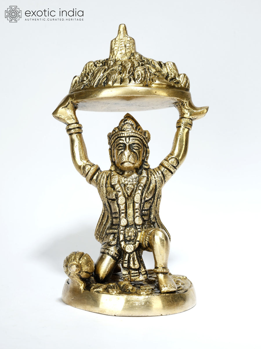 6" Lord Hanuman Holding Sanjeevani Mountain Brass Statue
