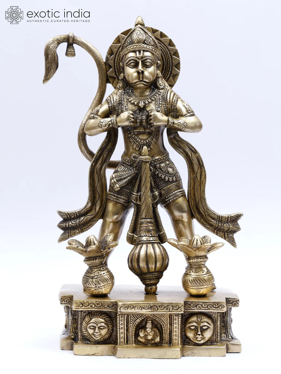 12" Lord Hanuman Brass Statue Tearing Chest to Show Ram and Sita
