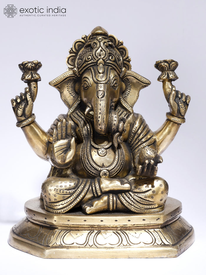 8" Handmade Chaturbhuja Ganesha Blessing Brass Statue