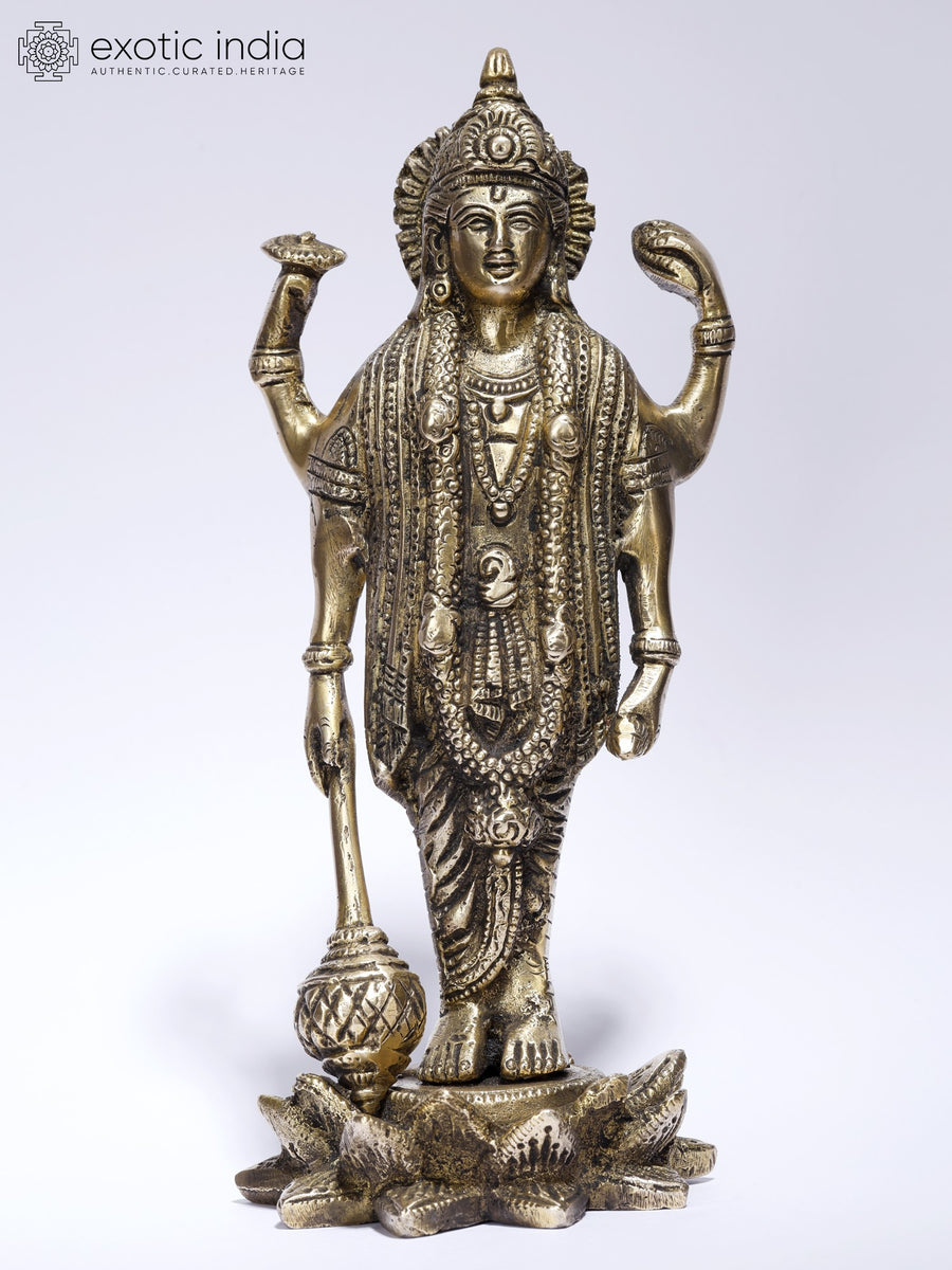 8" Four Armed Standing Lord Vishnu Brass Statue for Pooja