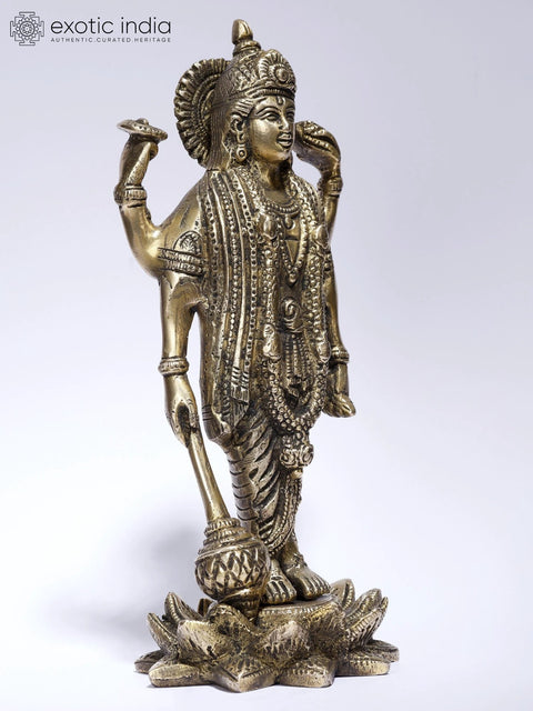 8" Four Armed Standing Lord Vishnu | Brass Statue