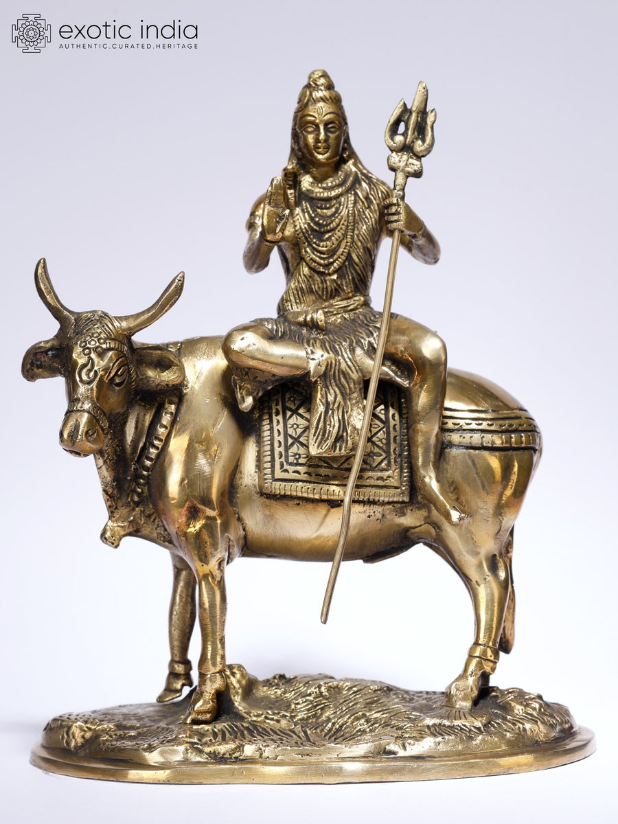 8" Blessing Lord Shiva Seated on Nandi Handmade Brass Statue