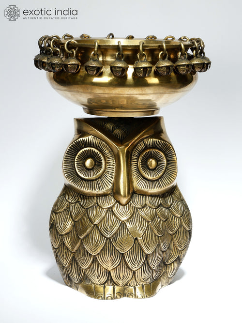9" Brass Urli with Owl Head Designer Statue for Home Decor