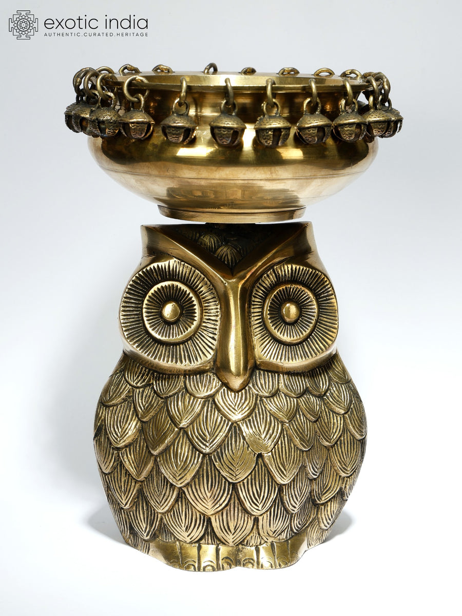 9" Brass Urli with Owl Head Designer Statue for Home Decor