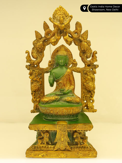 15" Lord Buddha in Abhaya Mudra Seated on Ornamented Throne | Brass Statue