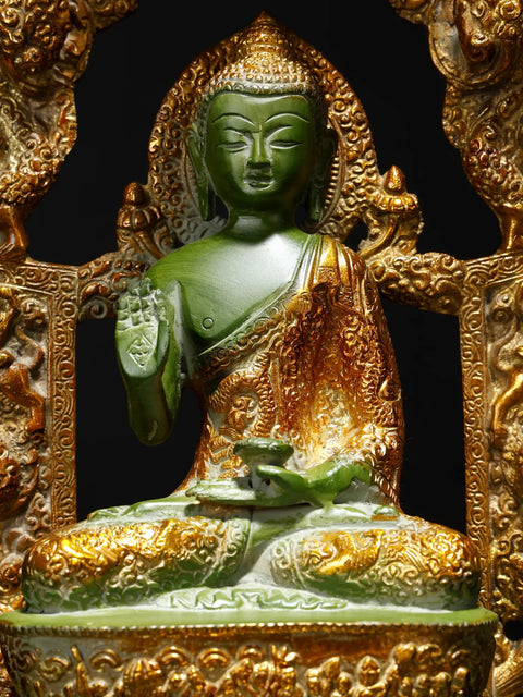 15" Lord Buddha in Abhaya Mudra Seated on Ornamented Throne | Brass Statue