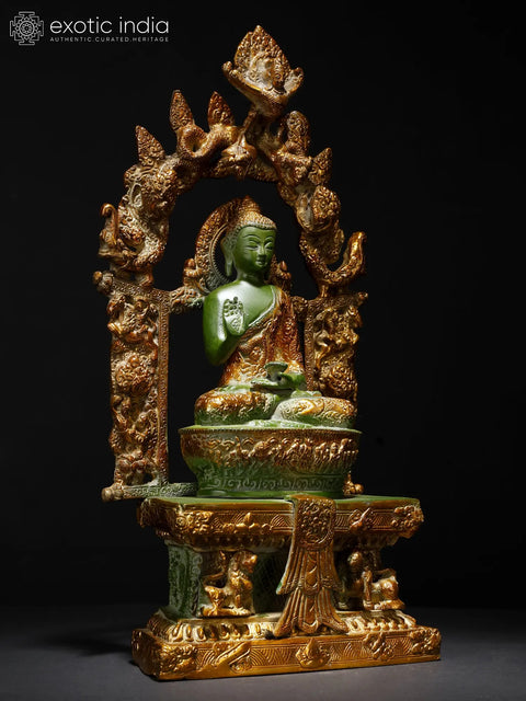 15" Lord Buddha in Abhaya Mudra Seated on Ornamented Throne | Brass Statue