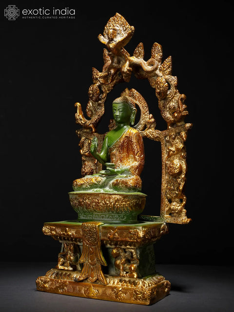 15" Lord Buddha in Abhaya Mudra Seated on Ornamented Throne | Brass Statue