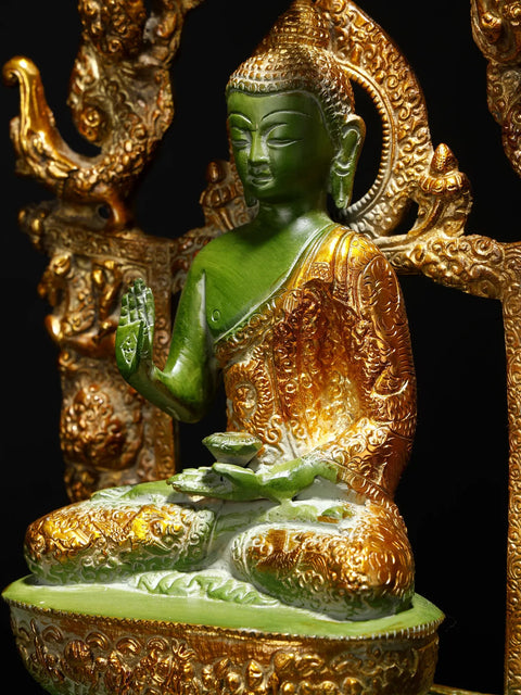 15" Lord Buddha in Abhaya Mudra Seated on Ornamented Throne | Brass Statue