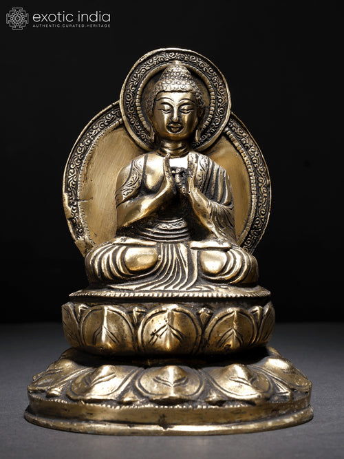 7" Lord Buddha Seated on Lotus Pedestal Brass Statue Dharmachakra Mudra