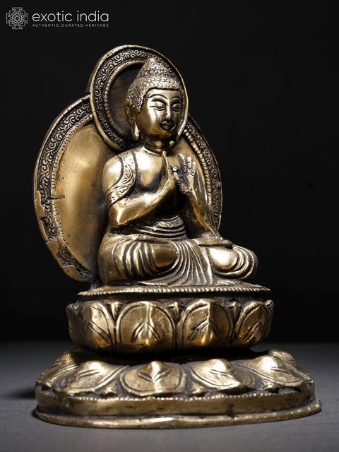 7" Lord Buddha Seated on Lotus Pedestal in Dharmachakra Mudra | Brass Statue
