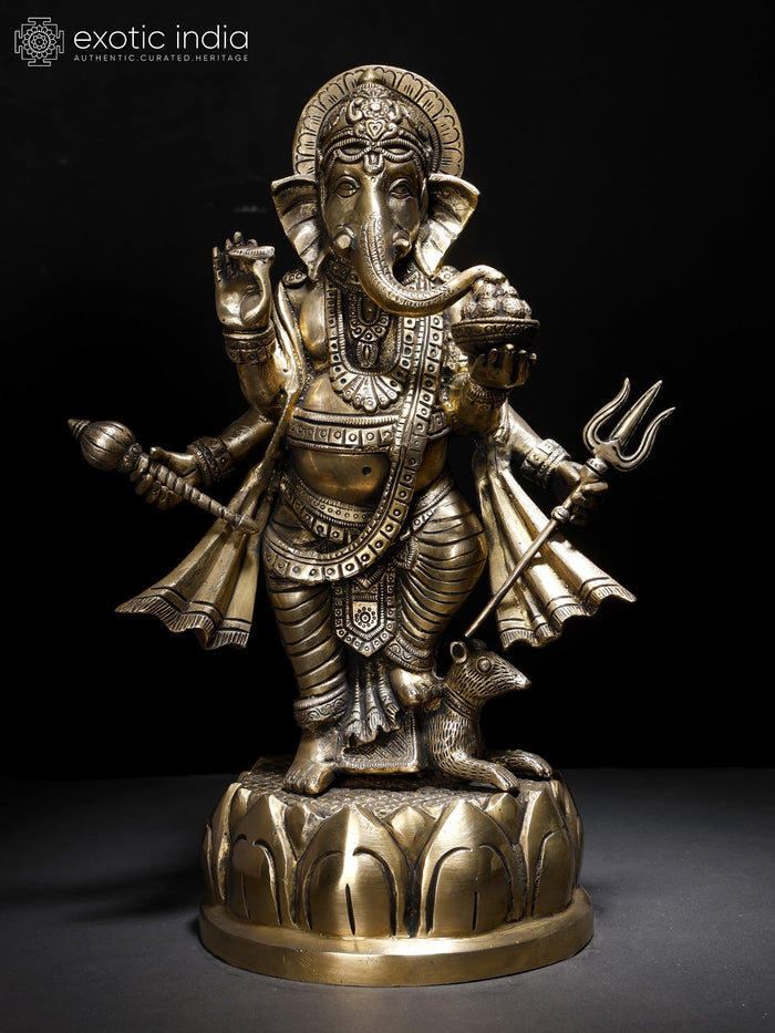 15" Four Armed Standing Lord Ganesha Brass Statue for Pooja