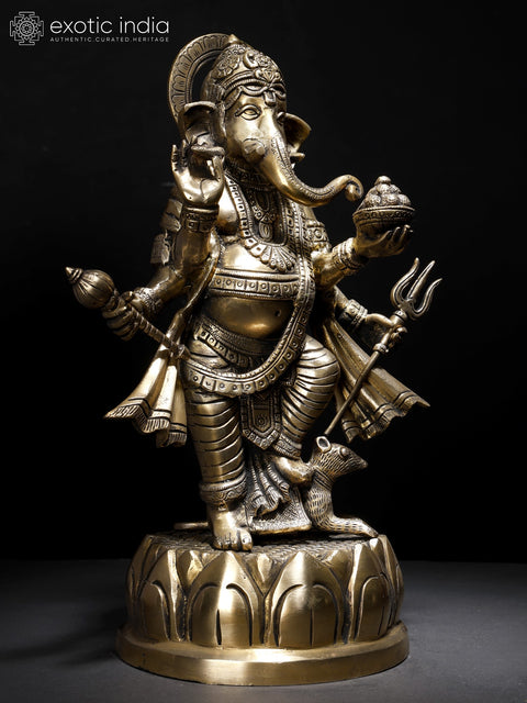 15" Standing Four Armed Lord Ganesha | Brass Statue