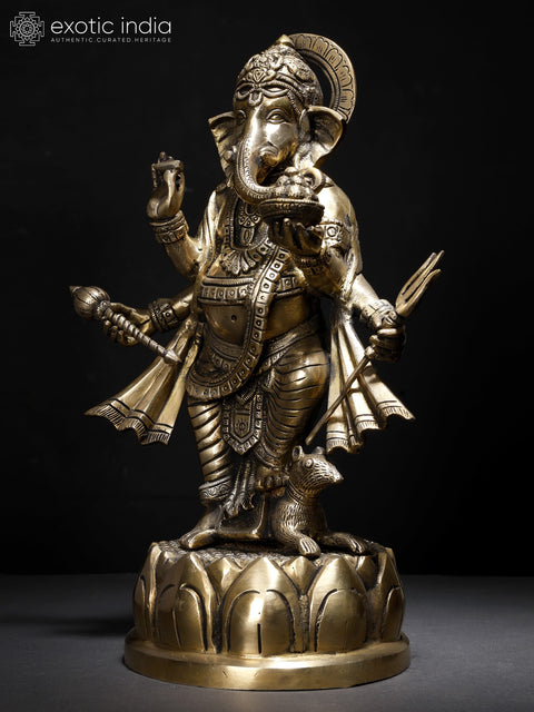 15" Standing Four Armed Lord Ganesha | Brass Statue