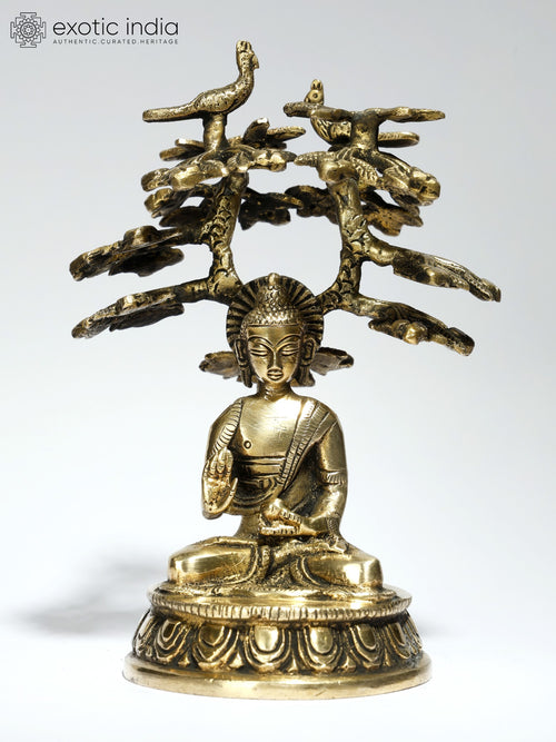 6" Blessing Buddha Under Bodhi Tree Handmade Brass Statue