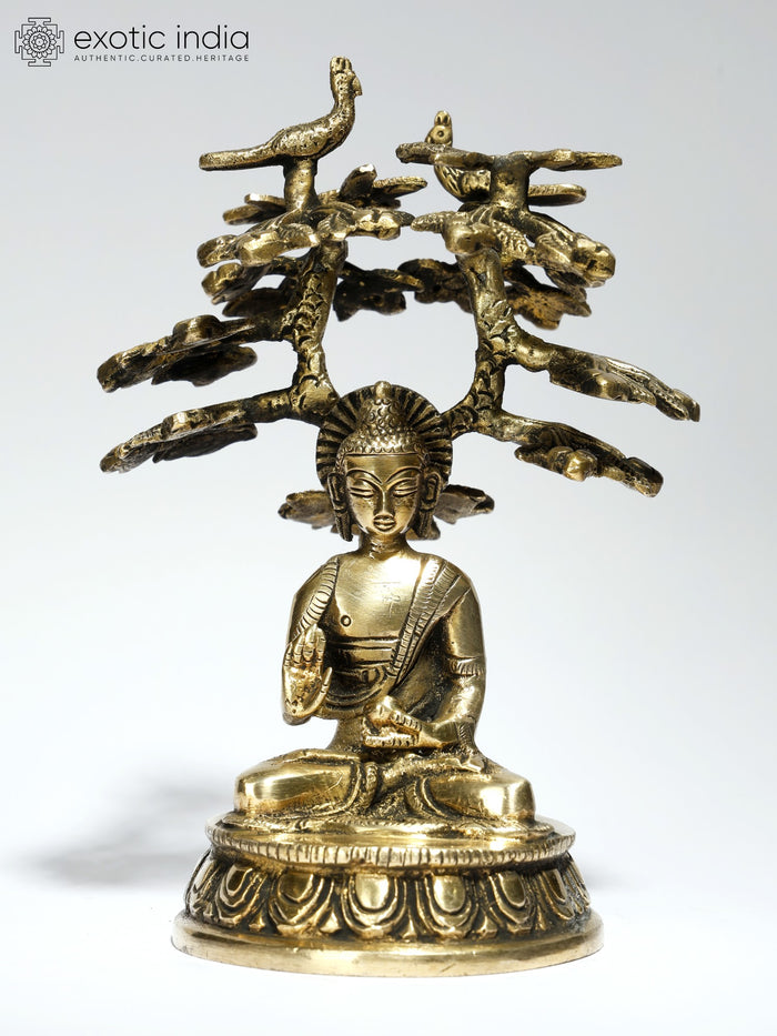 6" Blessing Buddha Under Bodhi Tree Handmade Brass Statue