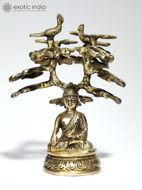 5" Buddha Seated Under Bodhi Tree Brass Statue