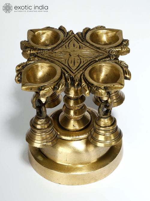 4" Designer Brass Four Wicks Lamp with Bells for Pooja