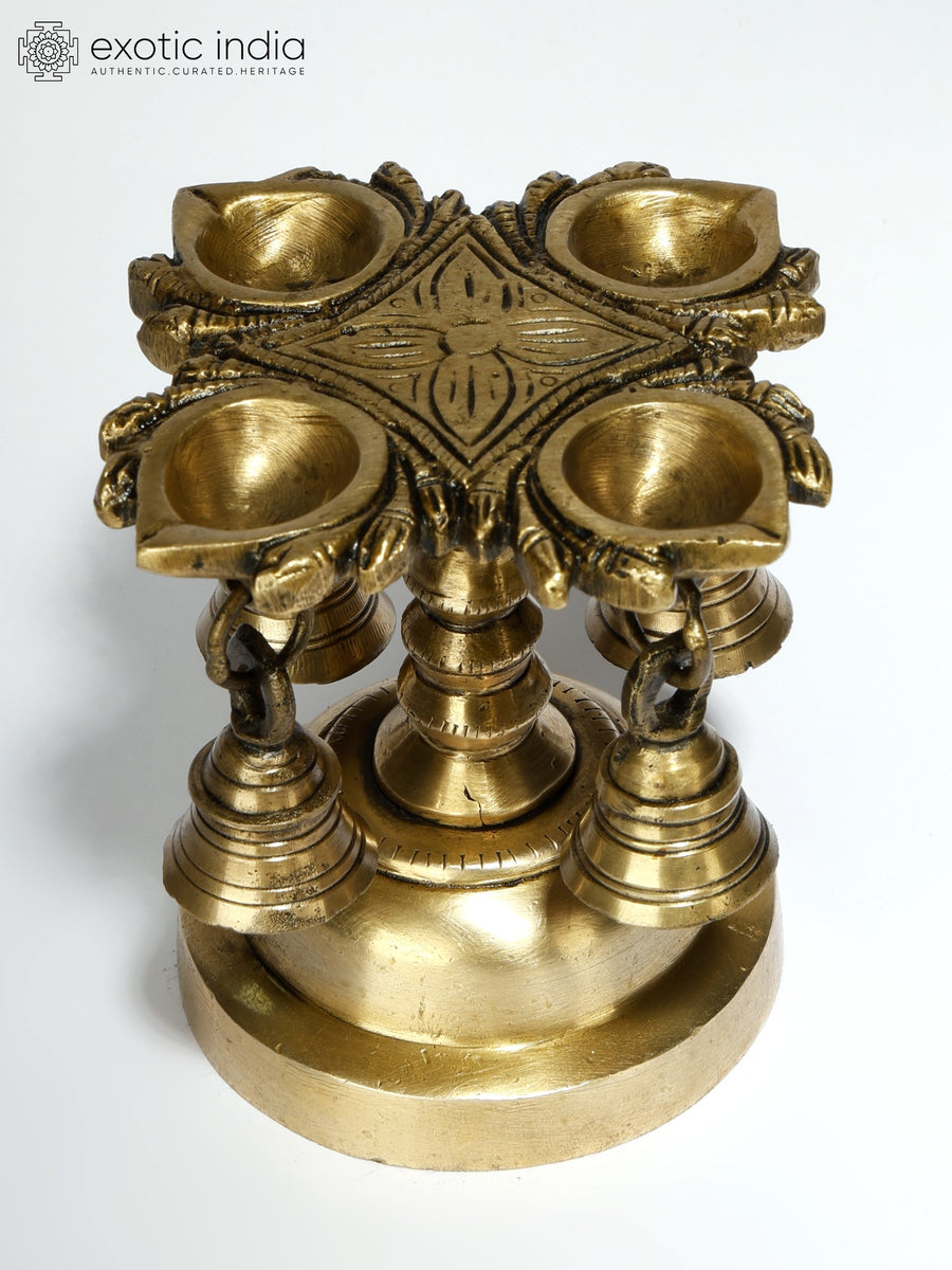 4" Designer Brass Four Wicks Lamp with Bells for Pooja