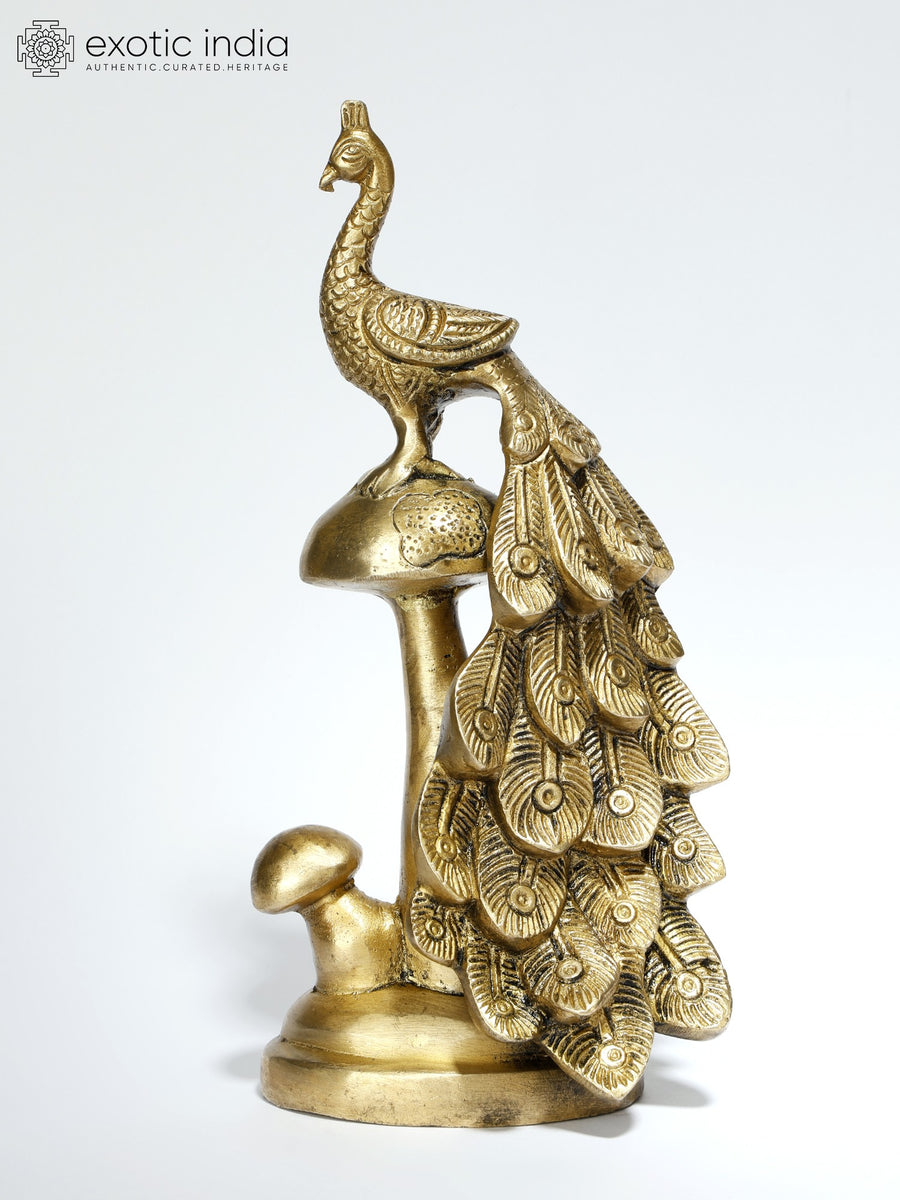 8" Handmade Peacock Brass Statue with Long Tail