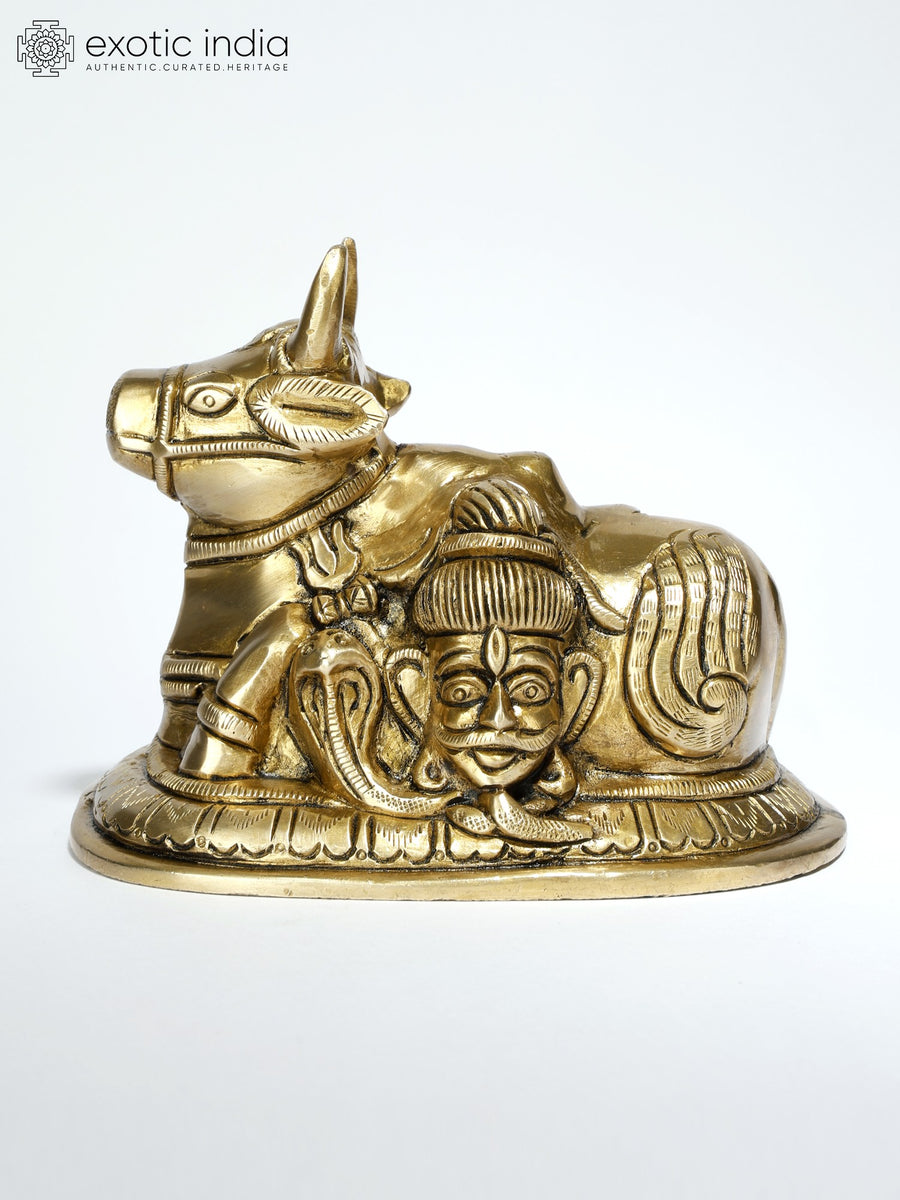 5" Nandi Brass Statue with Shiva Parvati Face for Pooja
