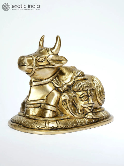 5" Small Nandi Statue with Shiva Parvati Face | Brass Statue