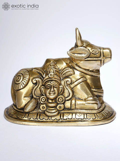 5" Small Nandi Statue with Shiva Parvati Face | Brass Statue