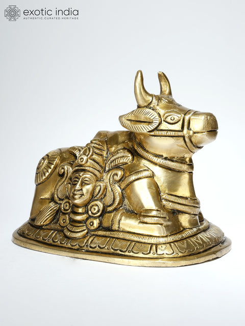 5" Small Nandi Statue with Shiva Parvati Face | Brass Statue