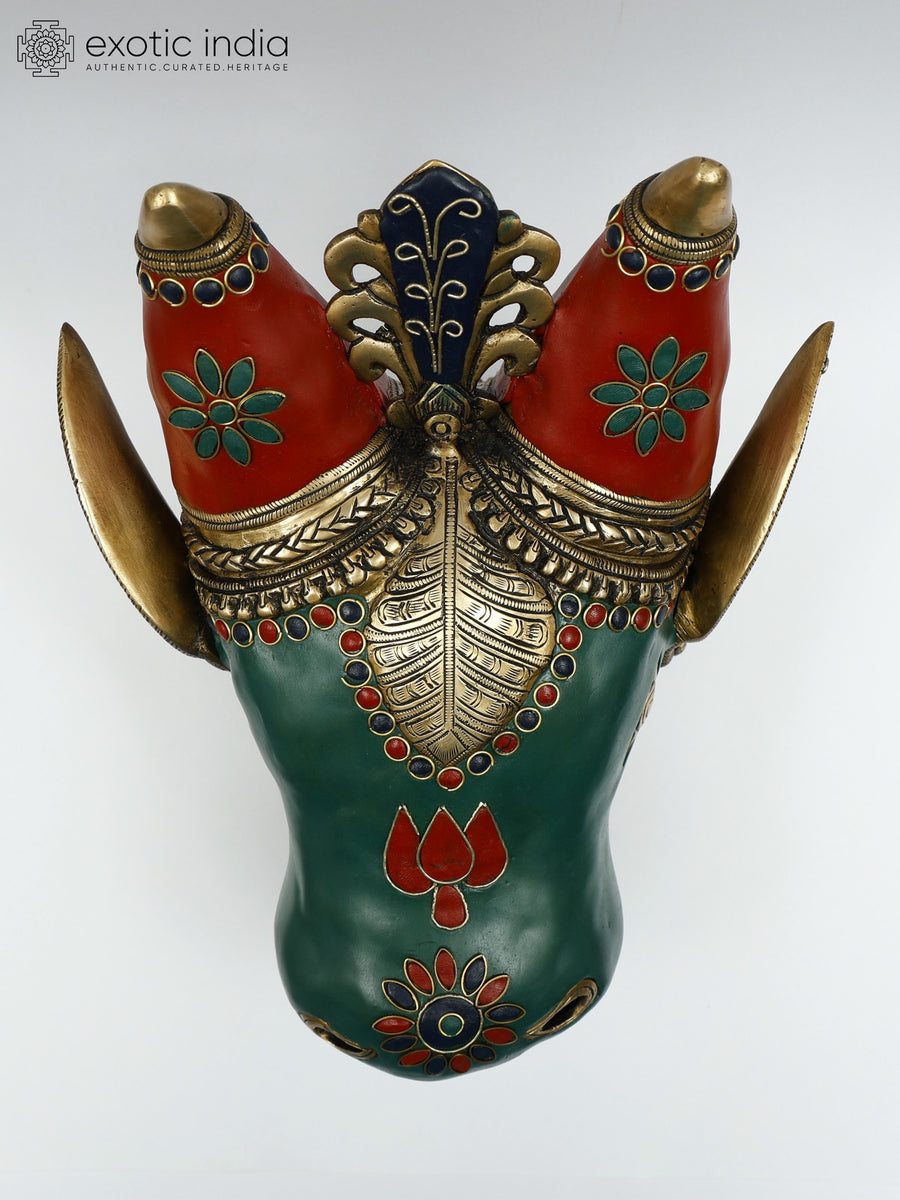 9" Brass Nandi Head Wall Hanging with Inlay Work