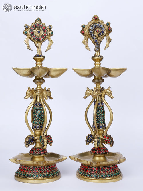15" Brass Shankh Chakra Oil Lamps Pair with Inlay Work