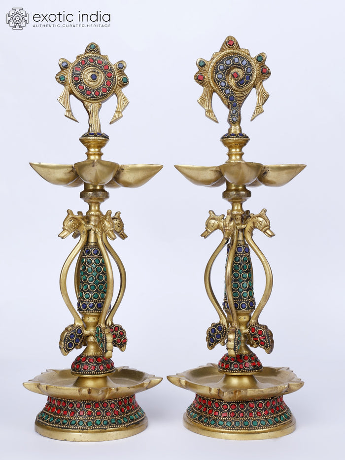 15" Brass Shankh Chakra Oil Lamps Pair with Inlay Work