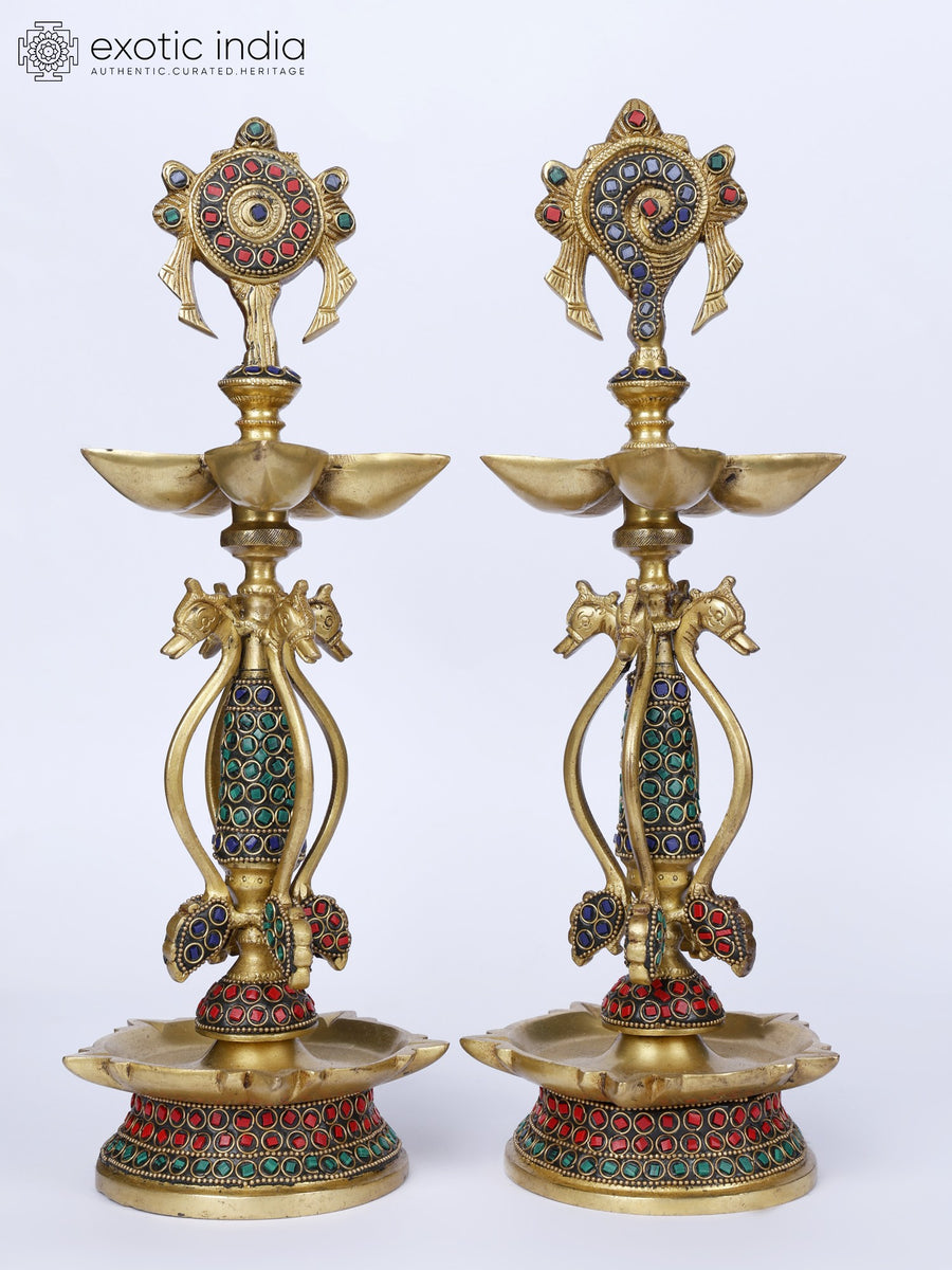 15" Brass Shankh Chakra Oil Lamps Pair with Inlay Work