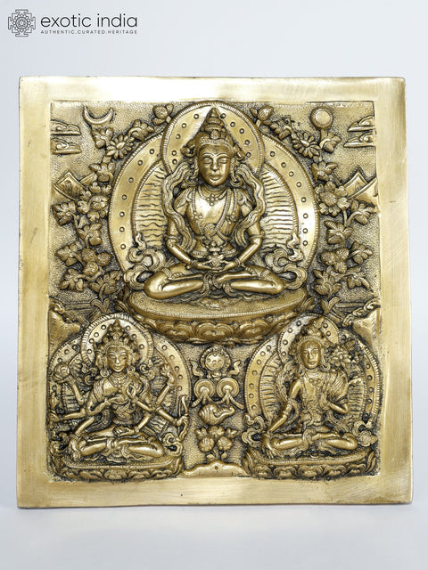 7" Tibetan Buddhist Deity - Usnisavijaya, Buddha and Tara | Brass Frame Wall Decor