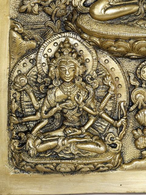 7" Tibetan Buddhist Deity - Usnisavijaya, Buddha and Tara | Brass Frame Wall Decor