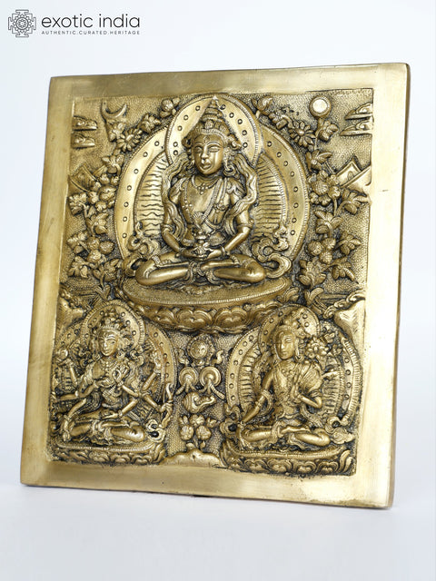 7" Tibetan Buddhist Deity - Usnisavijaya, Buddha and Tara | Brass Frame Wall Decor