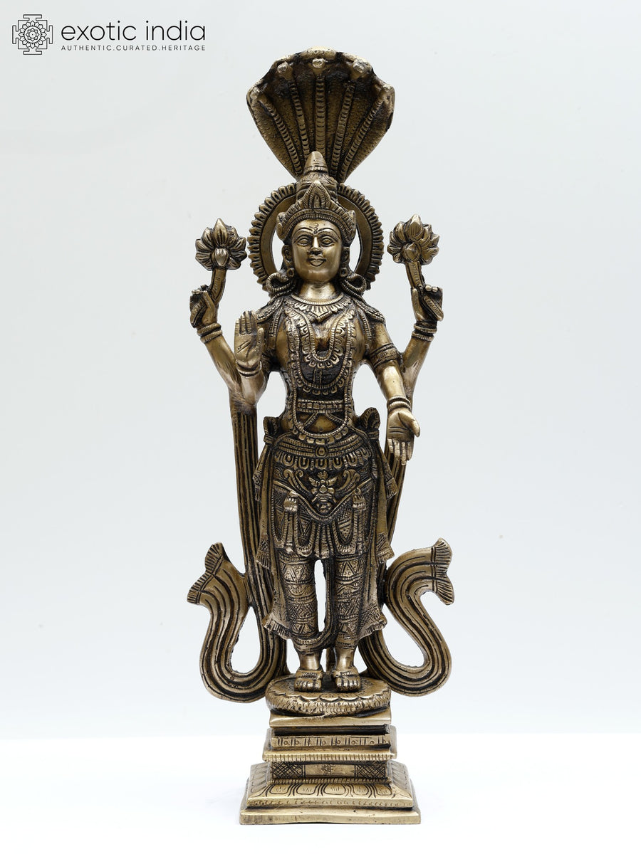16" Standing Goddess Lakshmi with Naag Brass Statue for Pooja