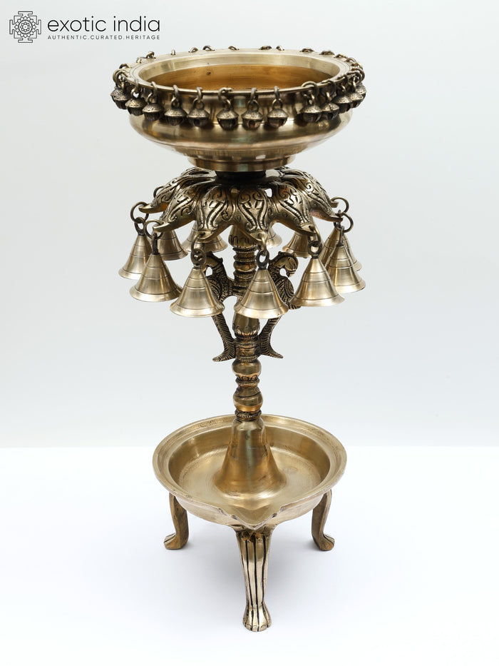 18" Designer Brass Urli with Bells and Diya for Home Decor