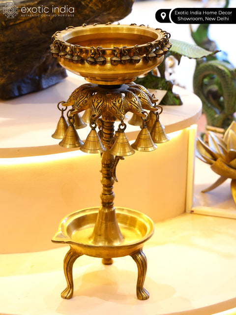 18" Designer Brass Urli with Bells and Diya