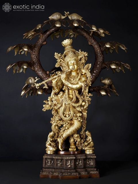 34" Large Tribhanga Murari Krishna Playing Flute Under The Tree | Brass Statue