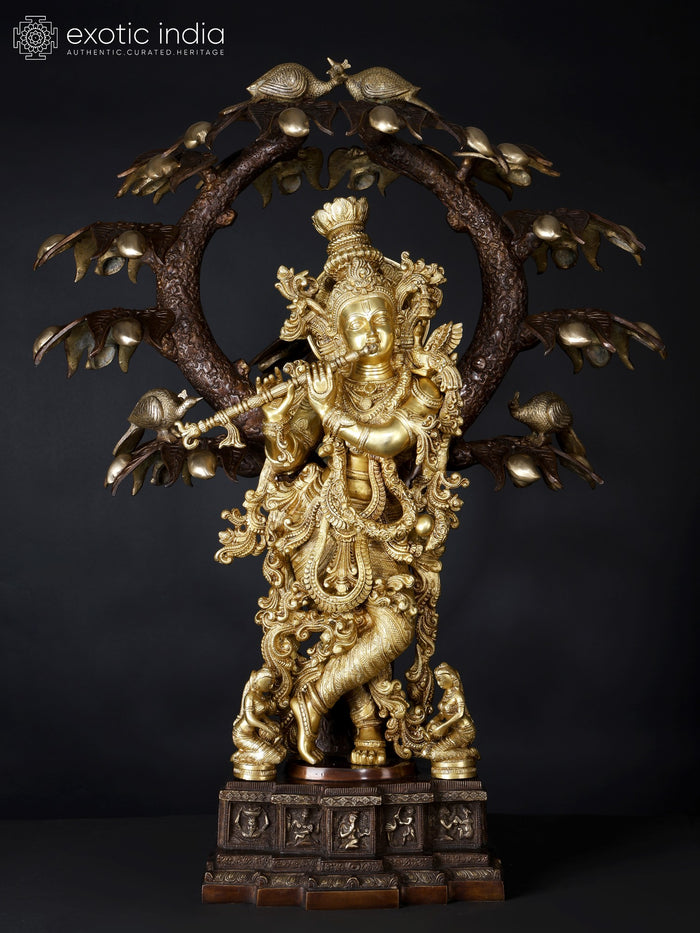 34" Large Tribhanga Murari Krishna Playing Flute Under The Tree | Brass Statue