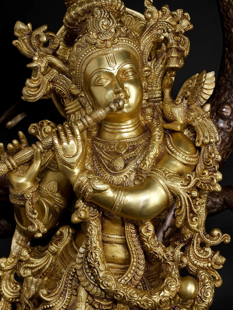 34" Large Tribhanga Murari Krishna Playing Flute Under The Tree | Brass Statue