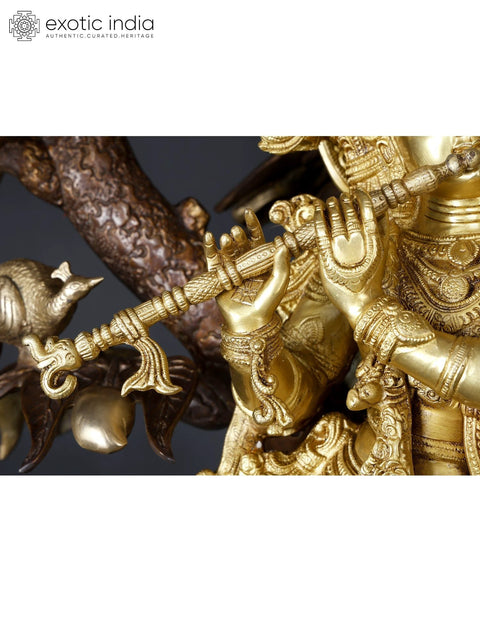 34" Large Tribhanga Murari Krishna Playing Flute Under The Tree | Brass Statue