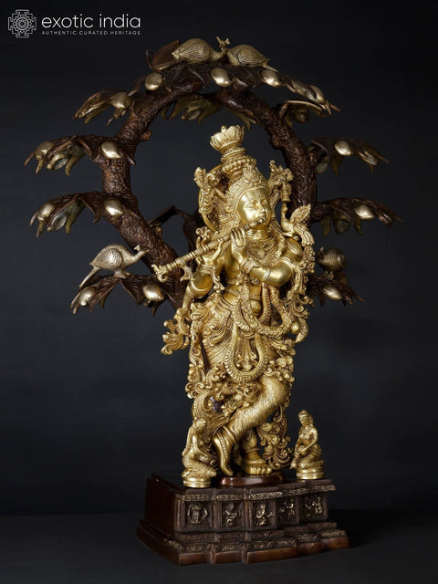 34" Large Tribhanga Murari Krishna Playing Flute Under The Tree | Brass Statue